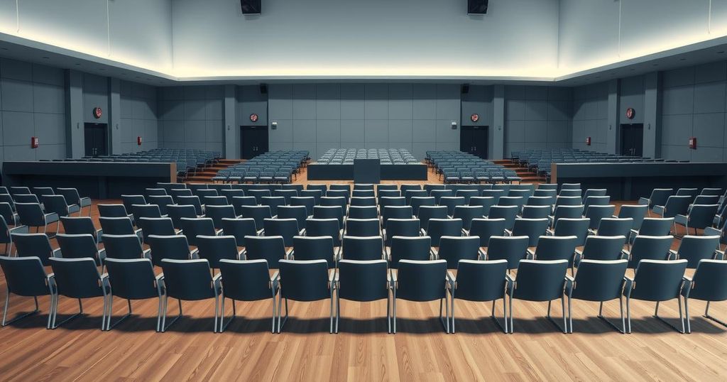Auditorium with empty chairs and a podium, embodying a political hearing atmosphere in muted colors.