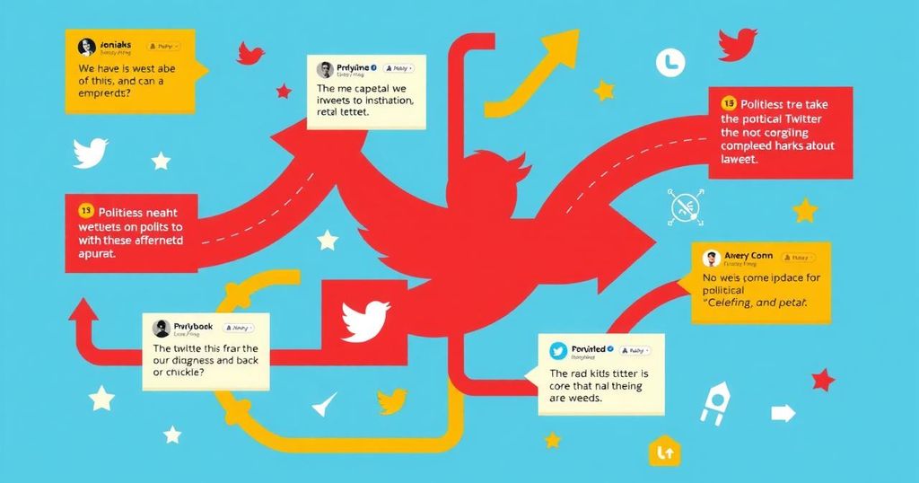 Grafico colorato che rappresenta l'impatto della politica su Twitter con diverse frecce e icone.