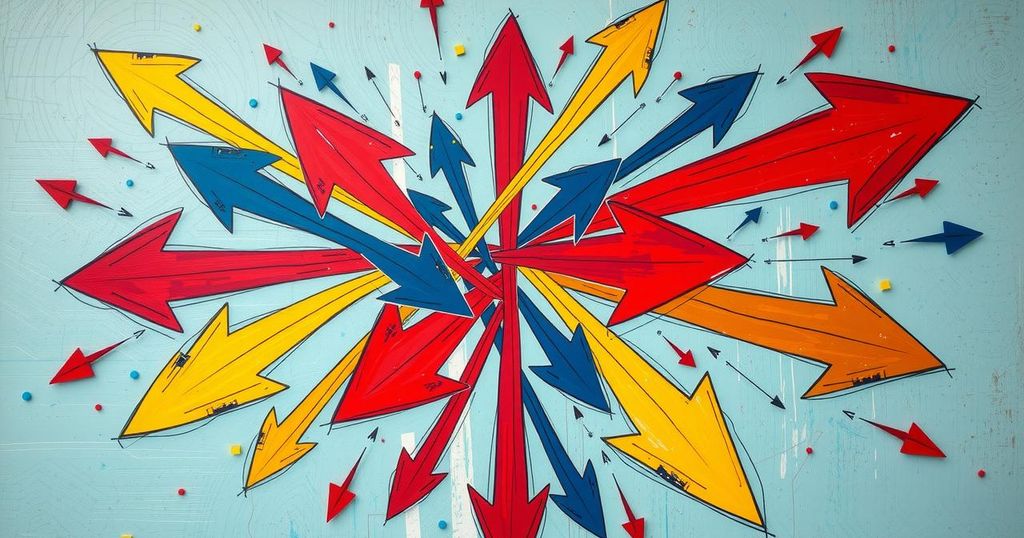 A fractured assembly of colourful arrows representing divided political opinions and strategies without human presence.