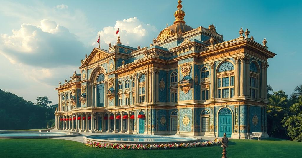 A conceptual illustration of a large, ornate building with vibrant colors, reflecting ideas of grandeur and ambition.