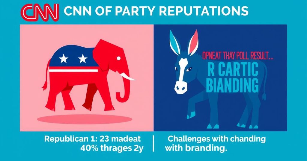 An infographic illustrating key findings from a recent CNN poll on party reputations, featuring contrasting symbols for each party.