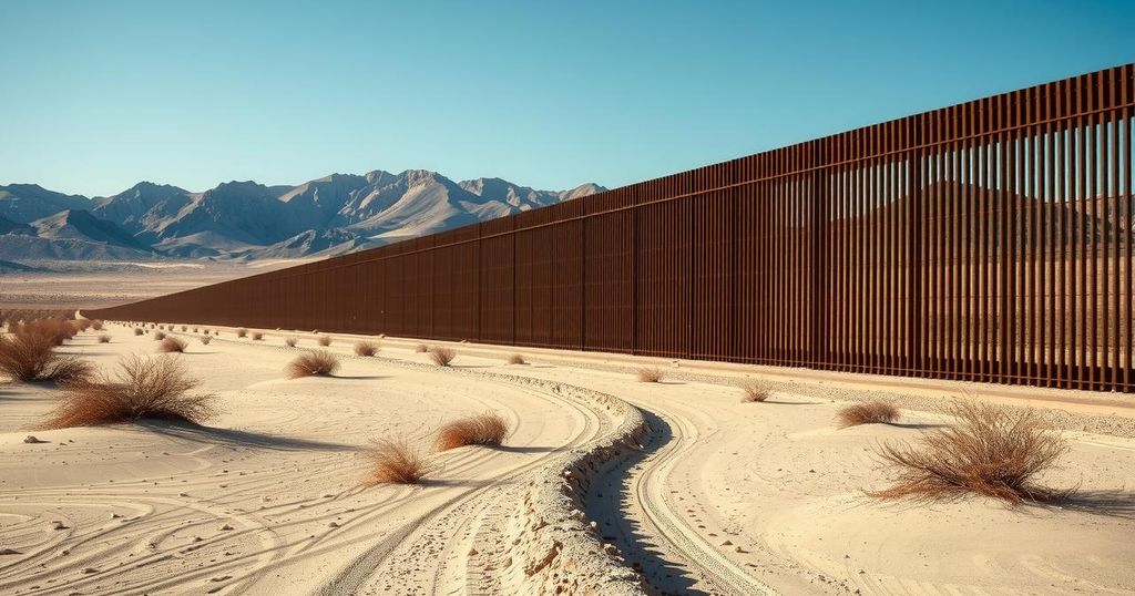 Concetto di confine con barriera, simbolo di sicurezza e controllo dell'immigrazione in una scena di deserto.