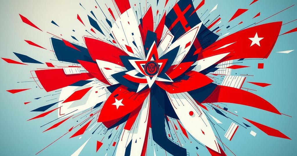 Astratti politici di una bandiera americana con colori accesi e forme geometriche in stile contemporaneo.