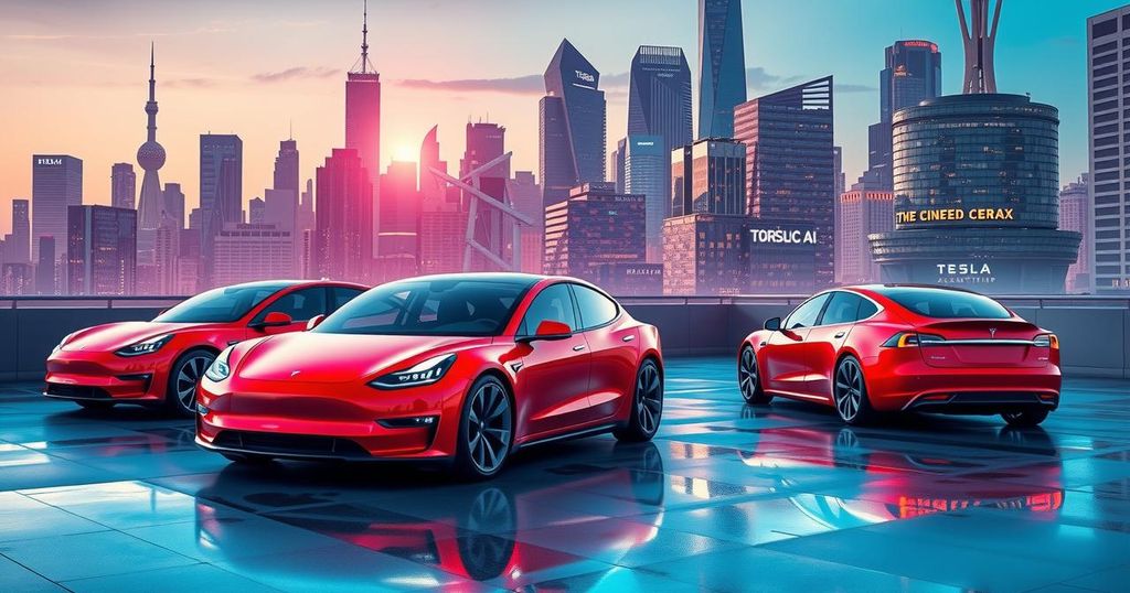 Rappresentazione creativa di auto elettriche Tesla su sfondo urbano, colori vivaci e stile futuristico, simbolo di innovazione.