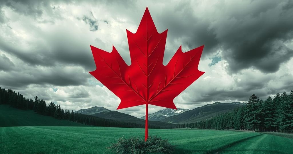 Un paesaggio canadese con simboli politici e un cielo nuvoloso, rappresentando la transizione politica in Canada.