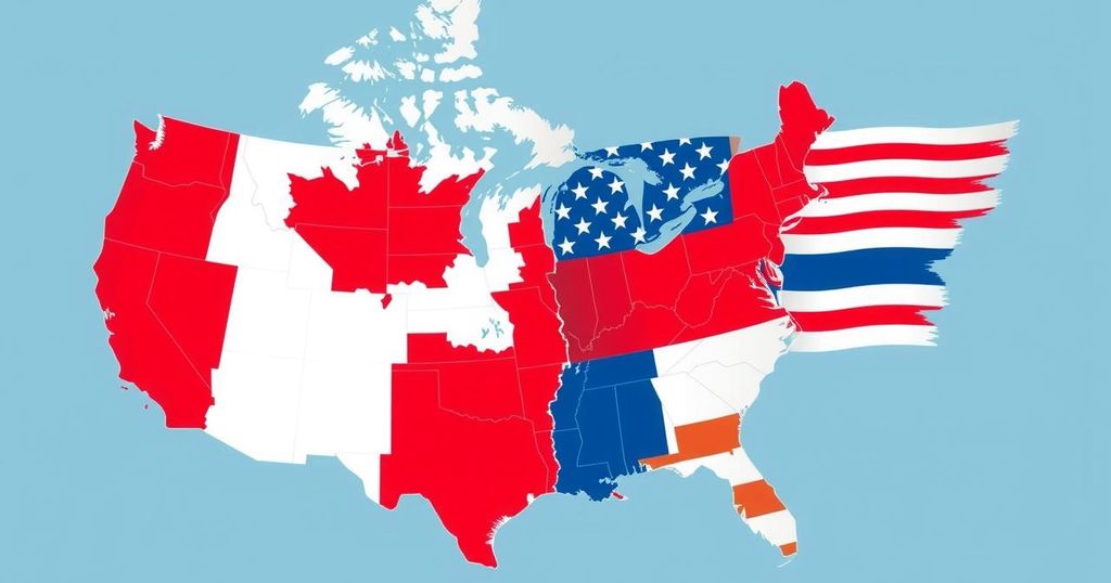 Carney's political challenges represented through a symbolic map of Canada and the US with contrasting colors.