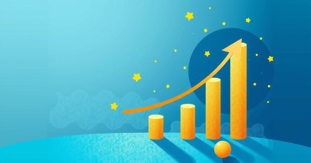 Stile artistico moderno con tonalità blu e oro, rappresenta un concetto astratto di crescita finanziaria per i bambini.