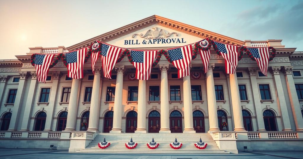 Un grande palazzo del governo con bandiere e simboli patriottici, rappresentando legislazione e approvazione di leggi.