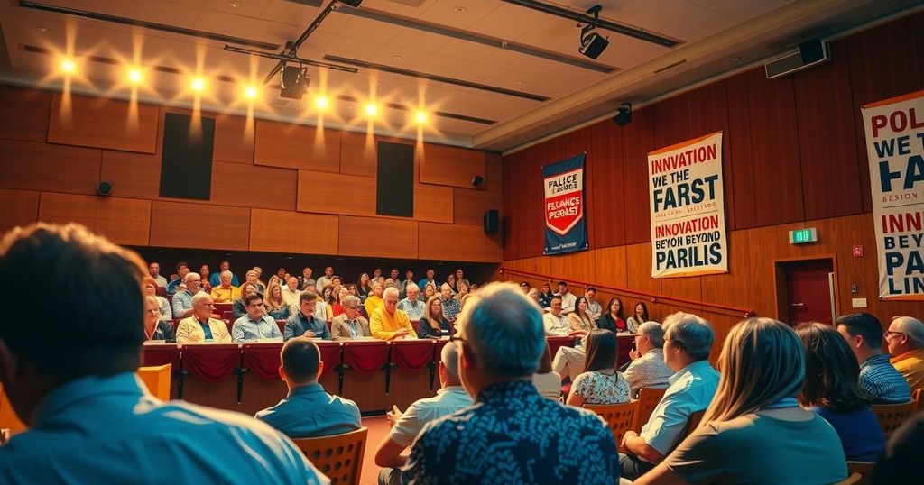 A vibrant auditorium filled with an engaged audience during a political event discussing new ideas.