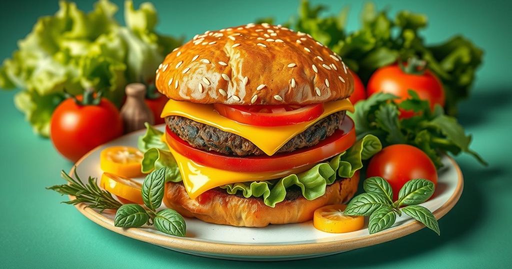 Un hamburger su un piatto, circondato da ingredienti freschi e naturali, con colori vivaci e luminosi.