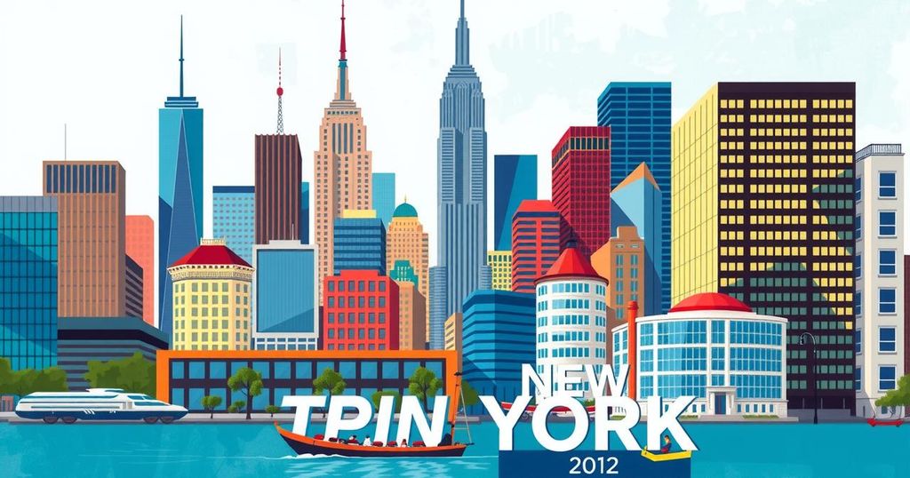 Rappresentazione artistica di una campagna elettorale a New York, con colori vivaci e uno sfondo urbano.