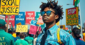 Giovane attivista eccezionale durante una protesta pacifica in una città.