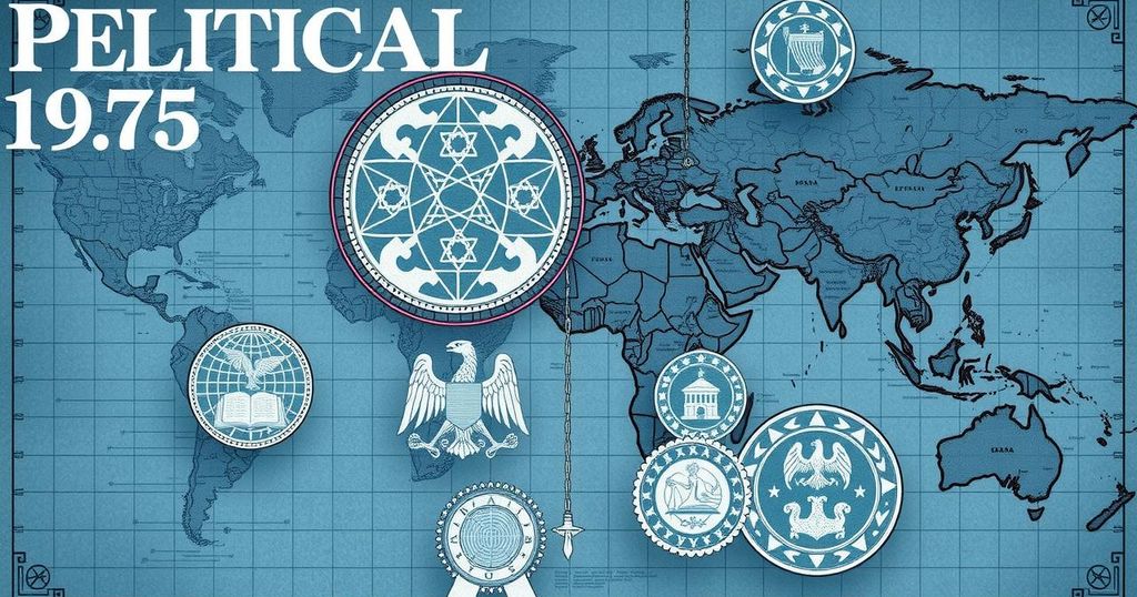 Un elaborato documento politico con simboli globali e mappe in uno stile vintage, colori blu e grigio scuro.