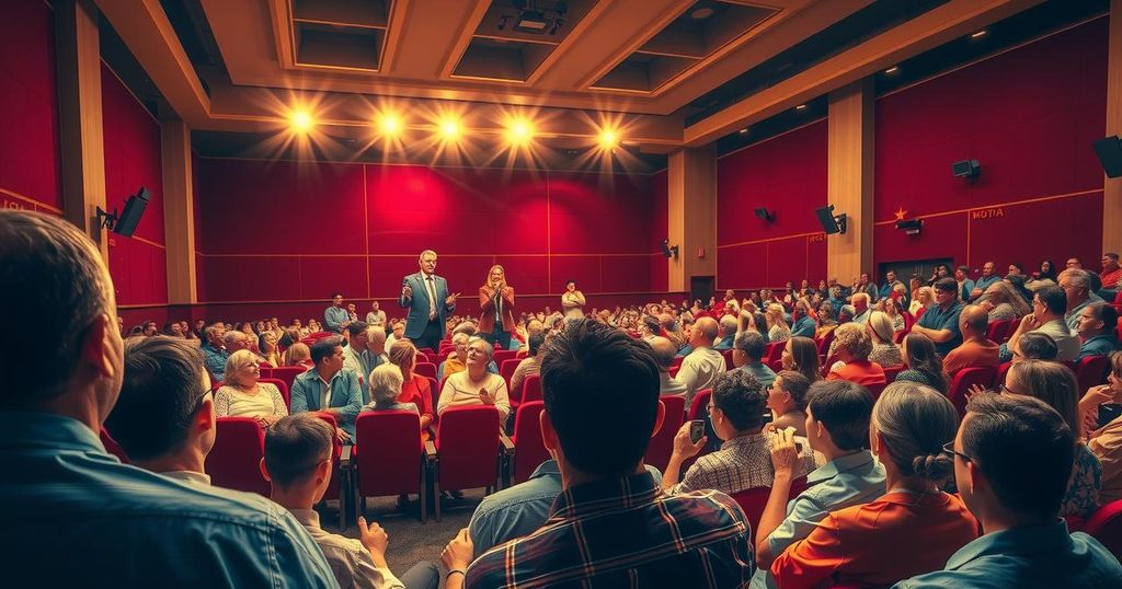 A vibrant auditorium setting with a speaker engaging with an audience, highlighting political discourse and community.