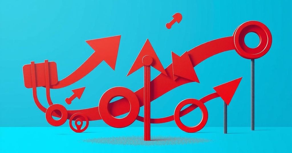 A dynamic political scene with abstract symbols of progress and power struggles, in vibrant blue and red hues.