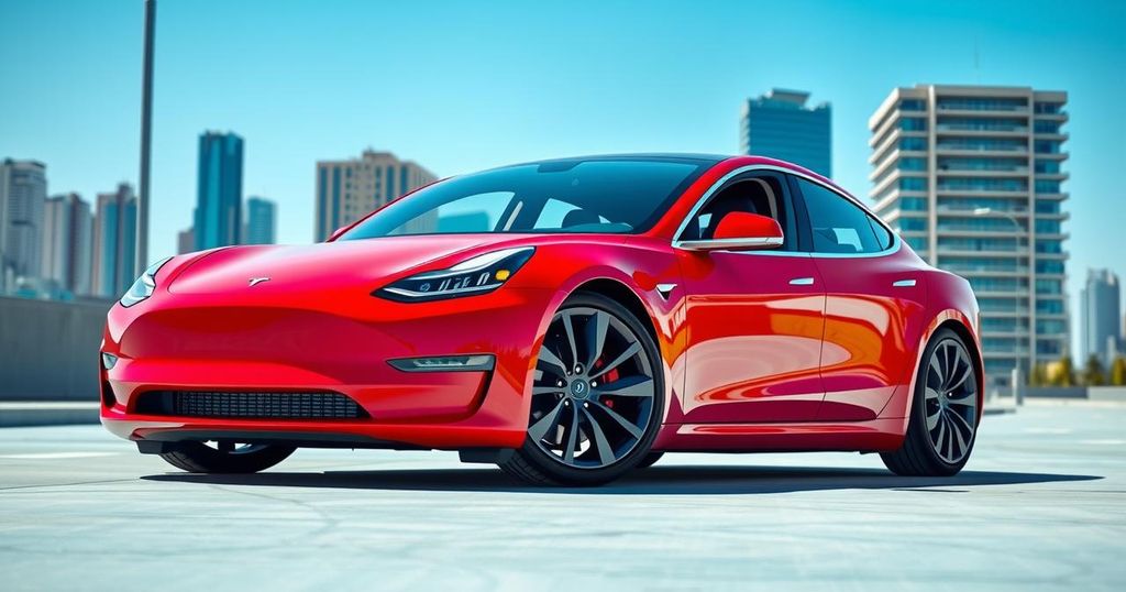 Vettura Tesla rossa in un ambiente urbano con cielo sereno e sfondo di grattacieli, in stile minimalista e con colori brillanti.