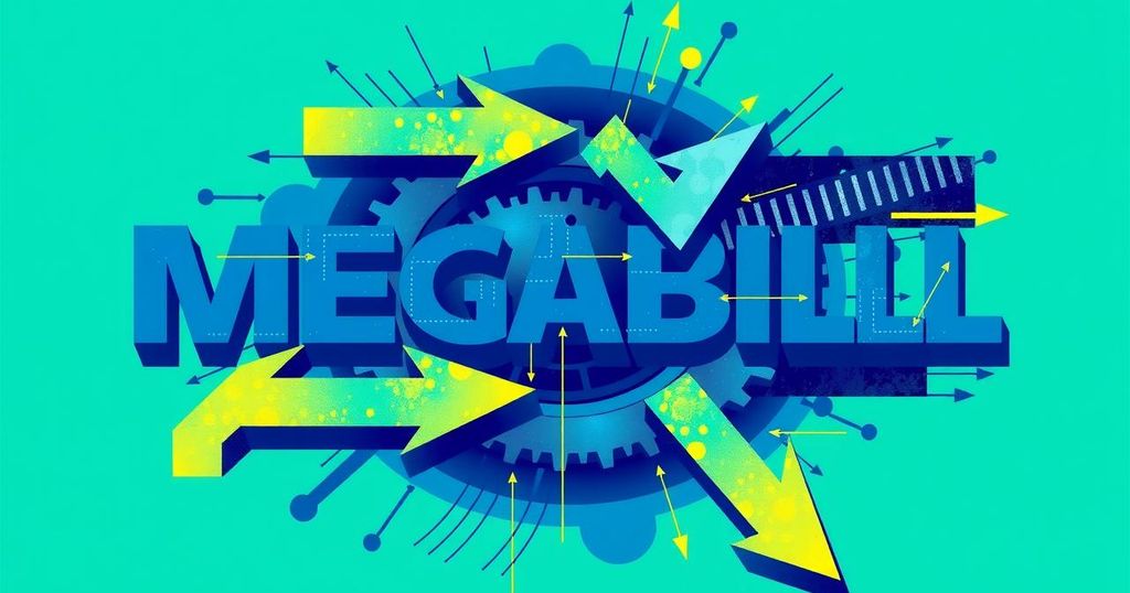 A captivating graphic of a megabill concept featuring gears and arrows in bold blue and green hues, set in a modern style.