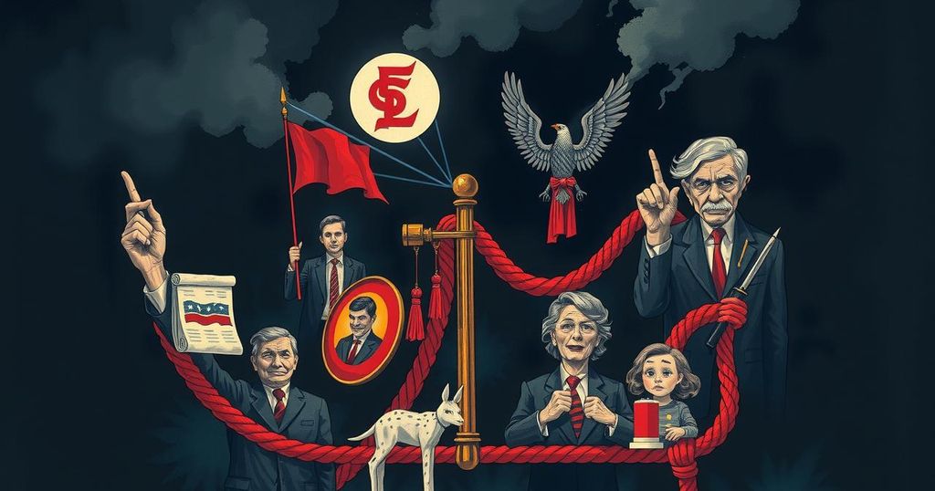 Illustrazione stilizzata di un discorso politico, con simboli di potere e tensione, colori scuri e atmosfera minacciosa.