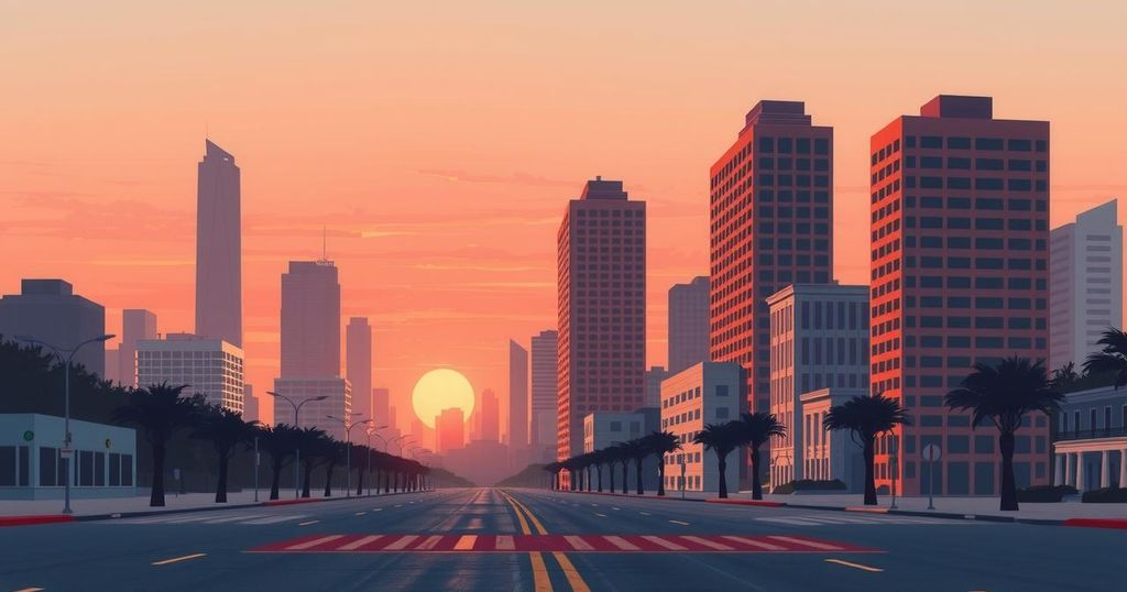 A Californian political landscape, with a sunset palette, featuring empty city streets and a muted skyline.