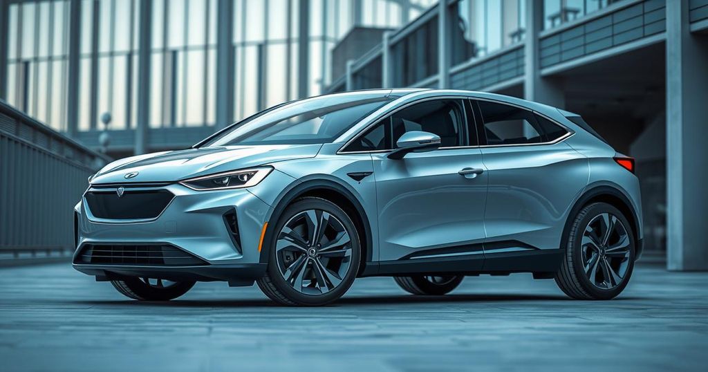 A sleek electric car parked near a modern building showcasing a dynamic skyline, symbolising innovation and technology.