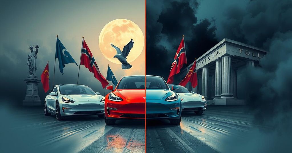 A symbolic representation of electric vehicles surrounded by political symbols and contrasting emotions with dark and light colours.