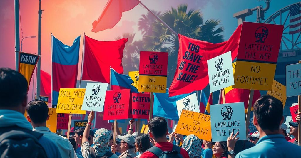 Giovane attivista con cartelli in una manifestazione, colori vivaci e atmosfera di partecipazione.