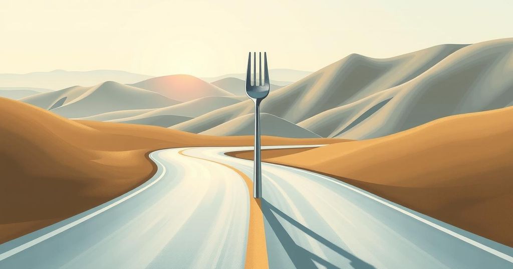 A minimalist art piece depicting a fork in a winding road, symbolising choices and decisions in a muted colour scheme.