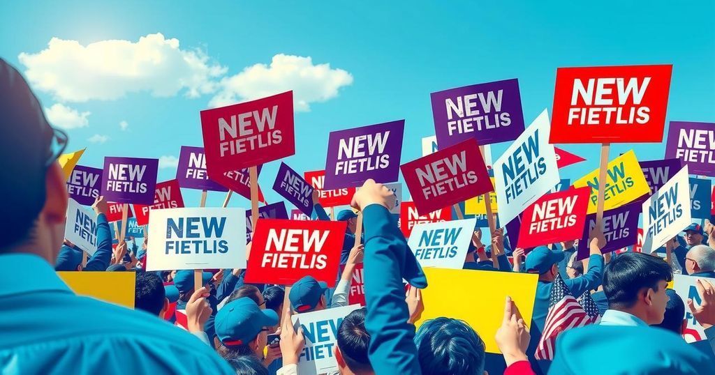 A political rally depicting a large crowd waving banners supporting a new political party under a bright blue sky.