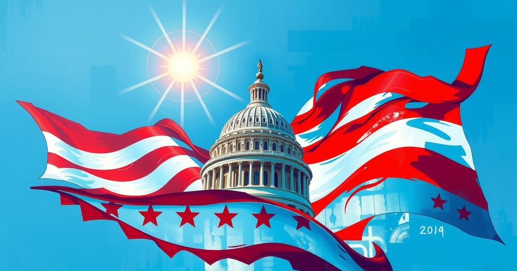 Un simbolo patriottico degli Stati Uniti in un contesto politico, con un Senato in background sotto un cielo blu.