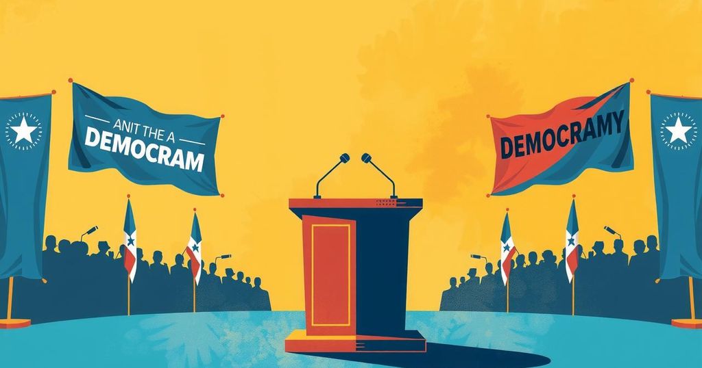 A stylised representation of a political debate, featuring a podium, microphones, and symbolic decor reflecting unity.