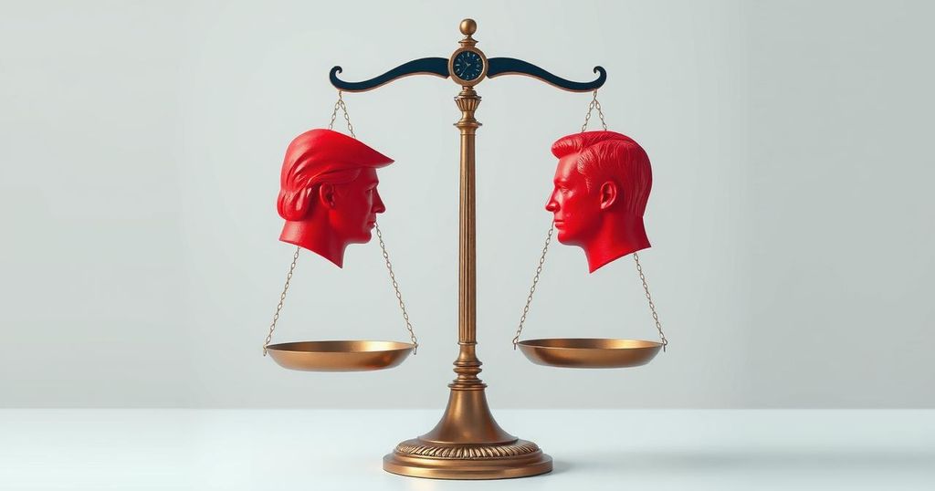 A balanced scale representing divided American opinions on government leadership and ethics during the Trump administration.