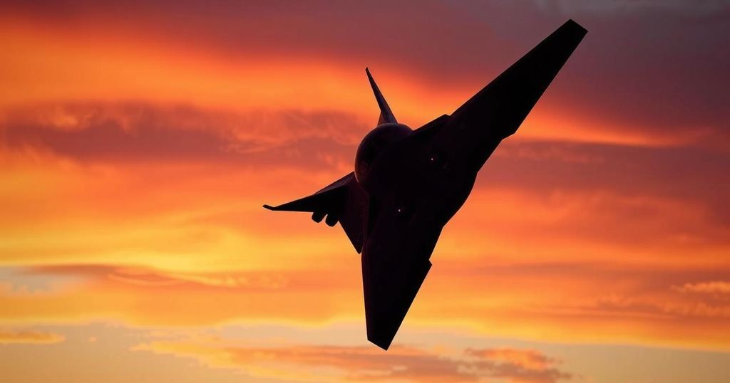 Military aircraft soaring high with a dramatic sunset background, showcasing power and strength