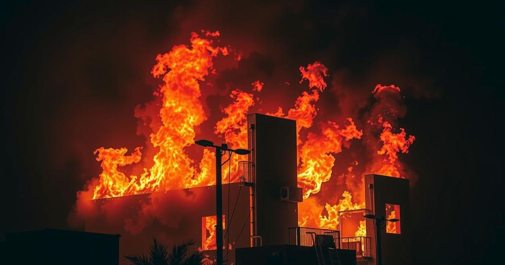 Flames engulfing a building at night symbolizing rising political tensions in the U.S.