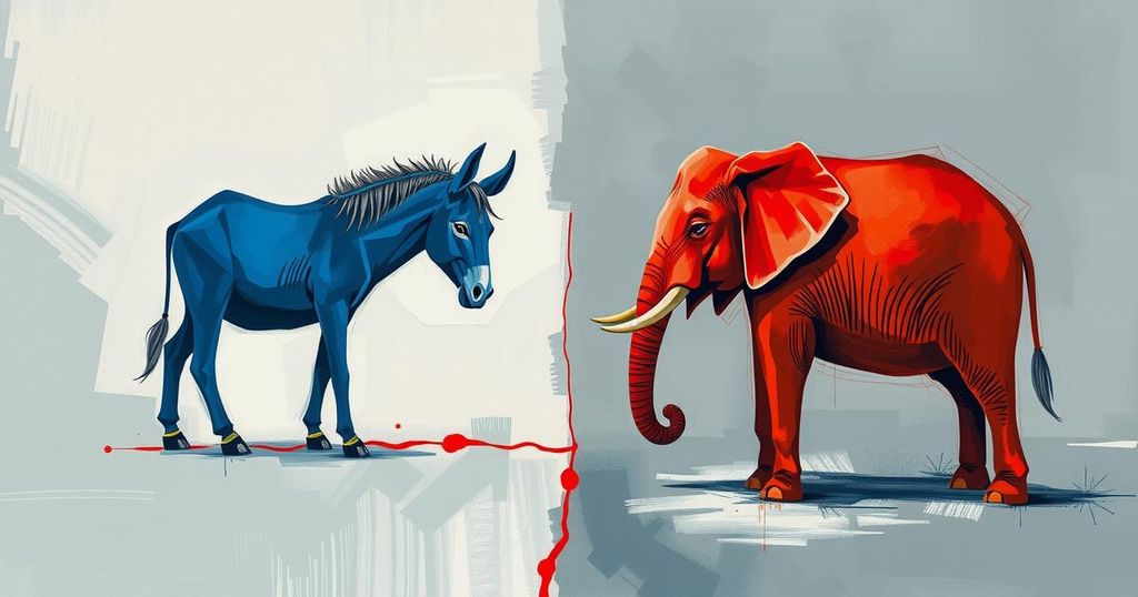 Political landscape showing contrasting symbols with muted colors representing party division and low favorability.