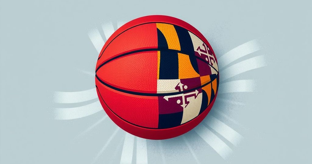 Basketball with flag symbols of Pennsylvania and Maryland on a textured background representing political support.
