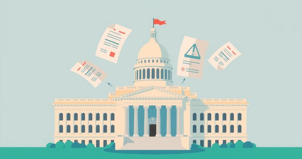 Illustrazione di un edificio governativo con documenti volanti, simbolo di deregulation, in stile minimalista, colori tenui.