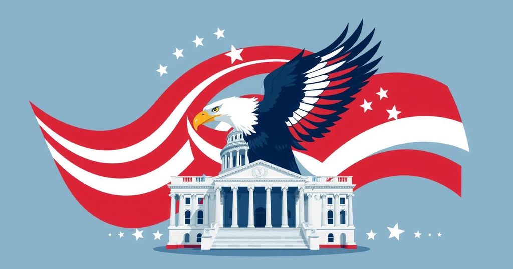 Rappresentazione simbolica dei cambiamenti politici sotto la presidenza, con elementi iconici americani e colori vivaci.