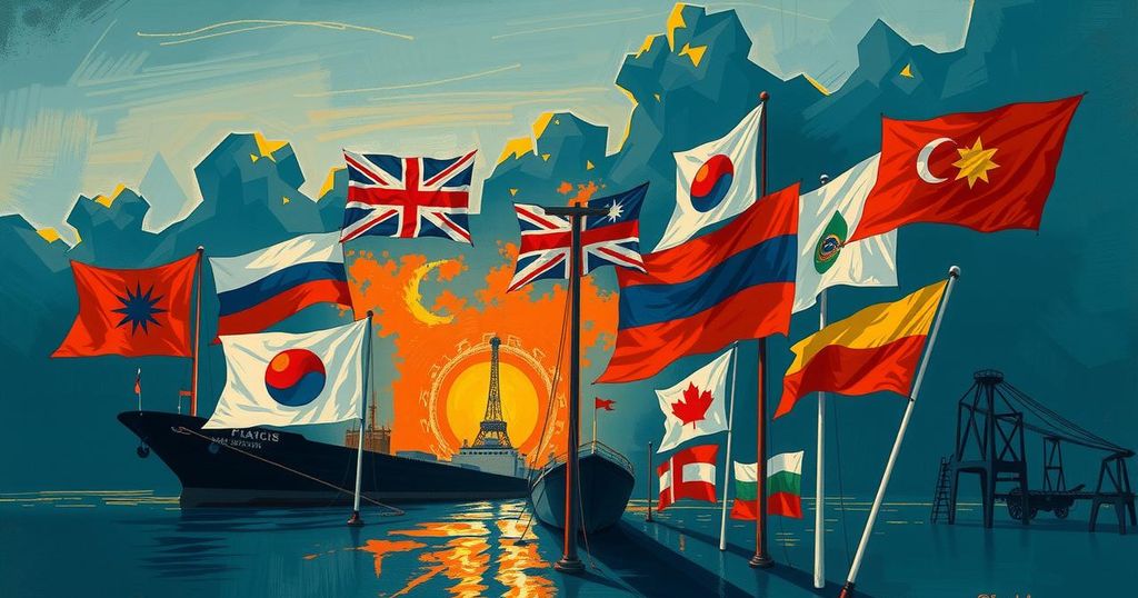 An illustration depicting economic tension, featuring tariff symbols and international flags in a dramatic dusk colour scheme.