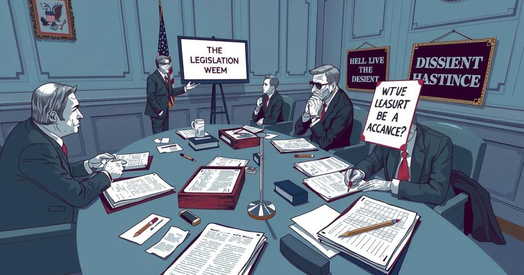 Incontro di politica con chiari segni di dissenso, documenti e simboli di legislazione nel contesto americano.