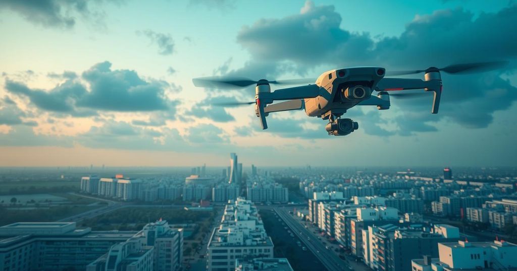 Droni sopra un paesaggio urbano in un cielo sereno, con sfumature blu e verdi che rappresentano il mistero.