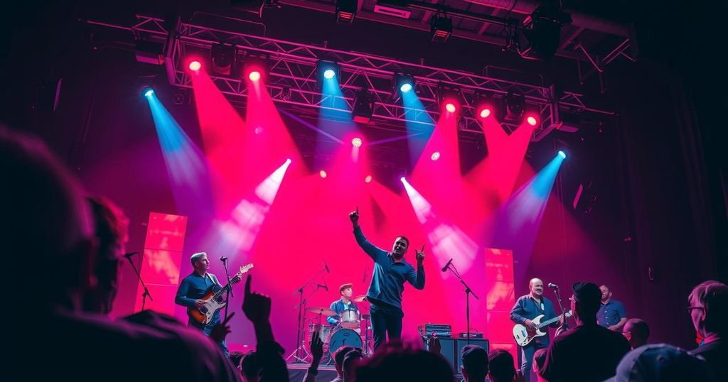 A dynamic stage scene with vibrant lighting, musical instruments, and an electric atmosphere during a performance.