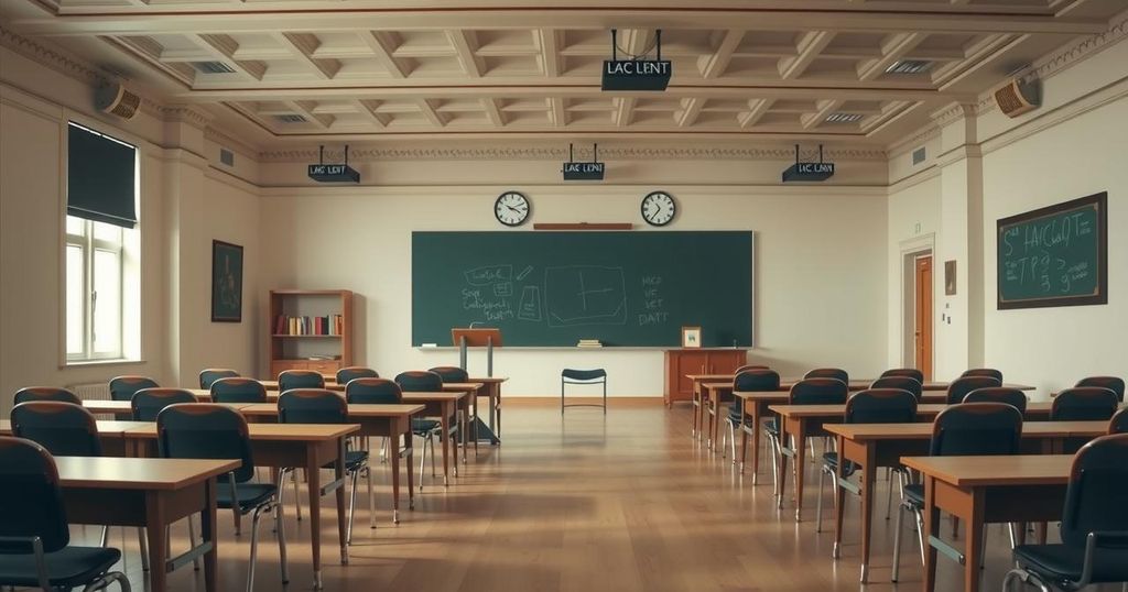 Scena di un'aula universitaria con banchi e lavagne vuote, rappresentante l'istruzione superiore e la legalità.