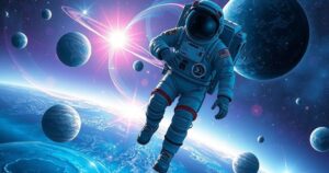 Astronaut in a space suit exploring a colorful, cosmic background with swirling stars and planets, conveying innovation.