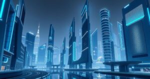 Rappresentazione artistica di un paesaggio urbano futuristico con elementi tecnologici, dominato da toni blu e grigi.