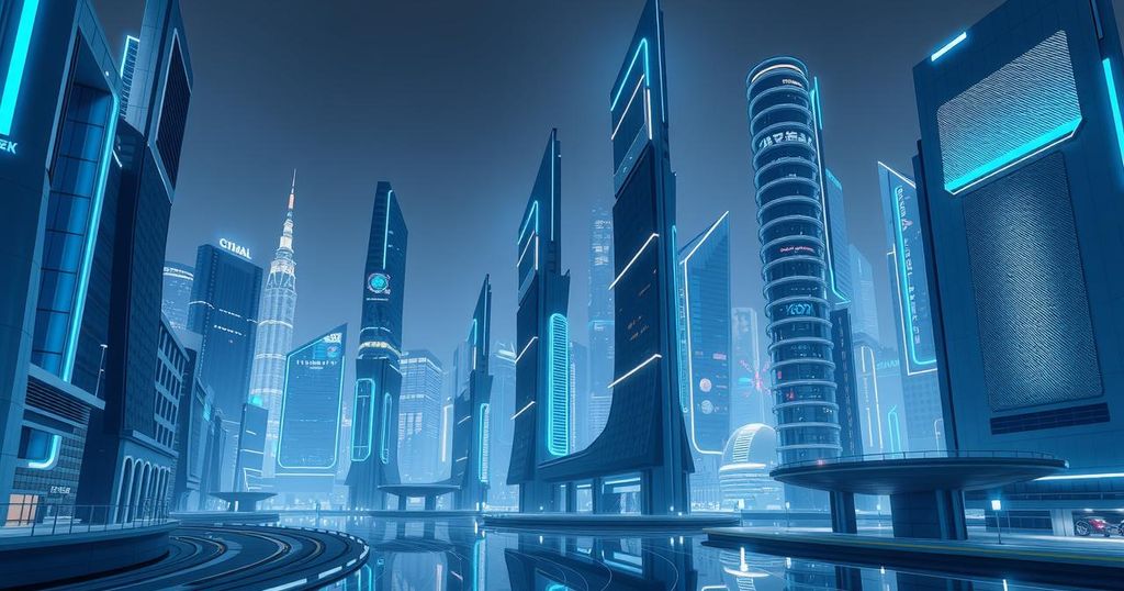 Rappresentazione artistica di un paesaggio urbano futuristico con elementi tecnologici, dominato da toni blu e grigi.