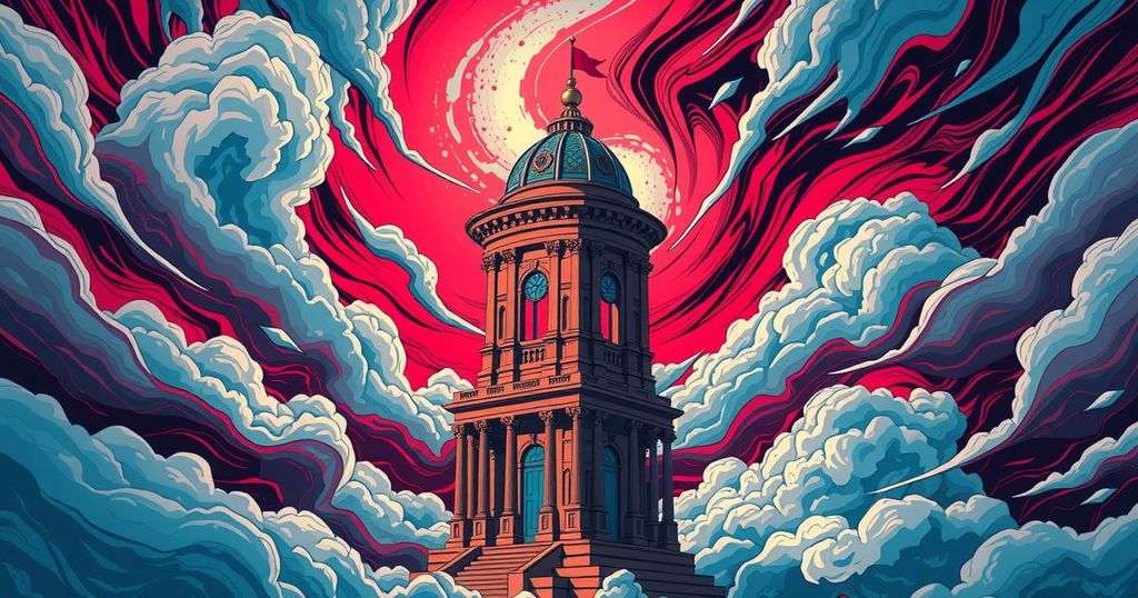 A stylised illustration showing a chaotic government building with swirling clouds and dynamic lines representing change.