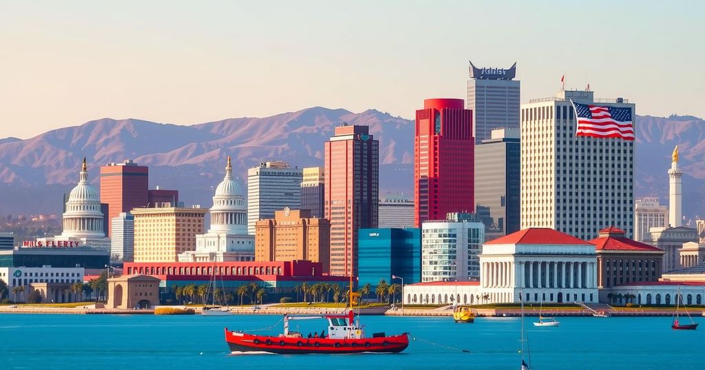 An urban skyline with contrasting political symbols and colour schemes representing shifting political sentiments in California.