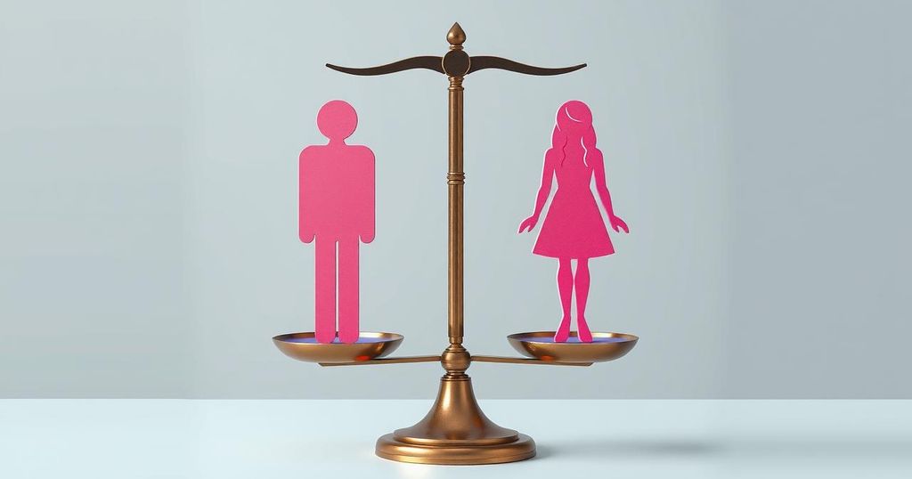 Grafico di una bilancia con simboli di gi uomo e donna, che rappresenta il divario di genere tra le generazioni.