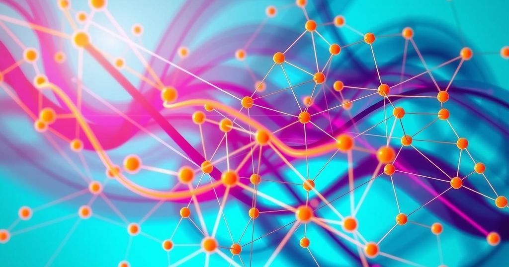 An abstract representation of media influence on politics, featuring interconnected webs and vibrant colours.