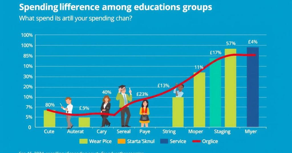 Un grafico colorato che mostra le differenze di spese tra gruppi educativi, con toni blu e verdi.
